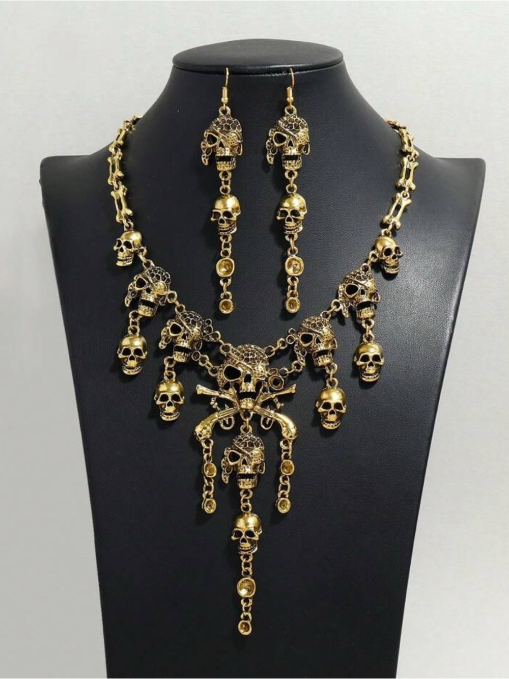 Gold Skull Statement Necklace and Earring Set